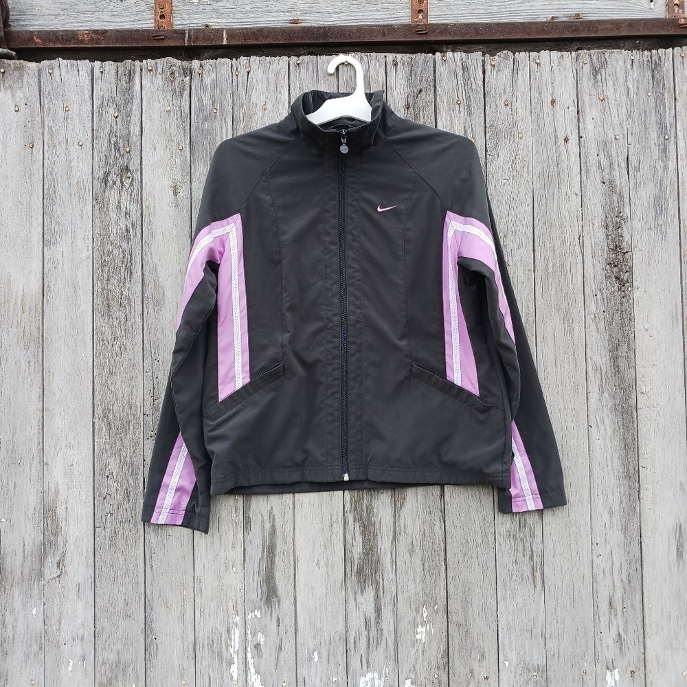NIKE Jacket Womens Size Medium Gray Lavender Purple Stripe Fitted Zip Up